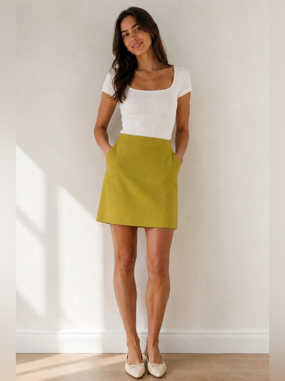 J. Crew Wool Mini Skirt Chartreuse Green Yellow with Pockets Women 0 2 4